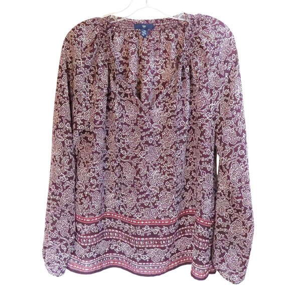 Gap Plum Smock Tie Blouse Womens Long Sleeve M 100% Polyester Paisley Print EUC - Picture 2 of 14